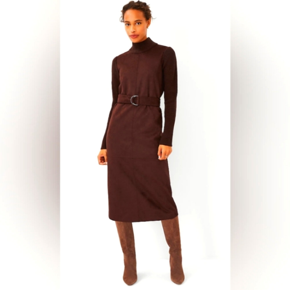 Anne Taylor Brown Faux Suede Mixed Media Sweater Dress Size Small Tall